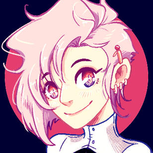 illustrated avatar of a person with pink hair and a smile.