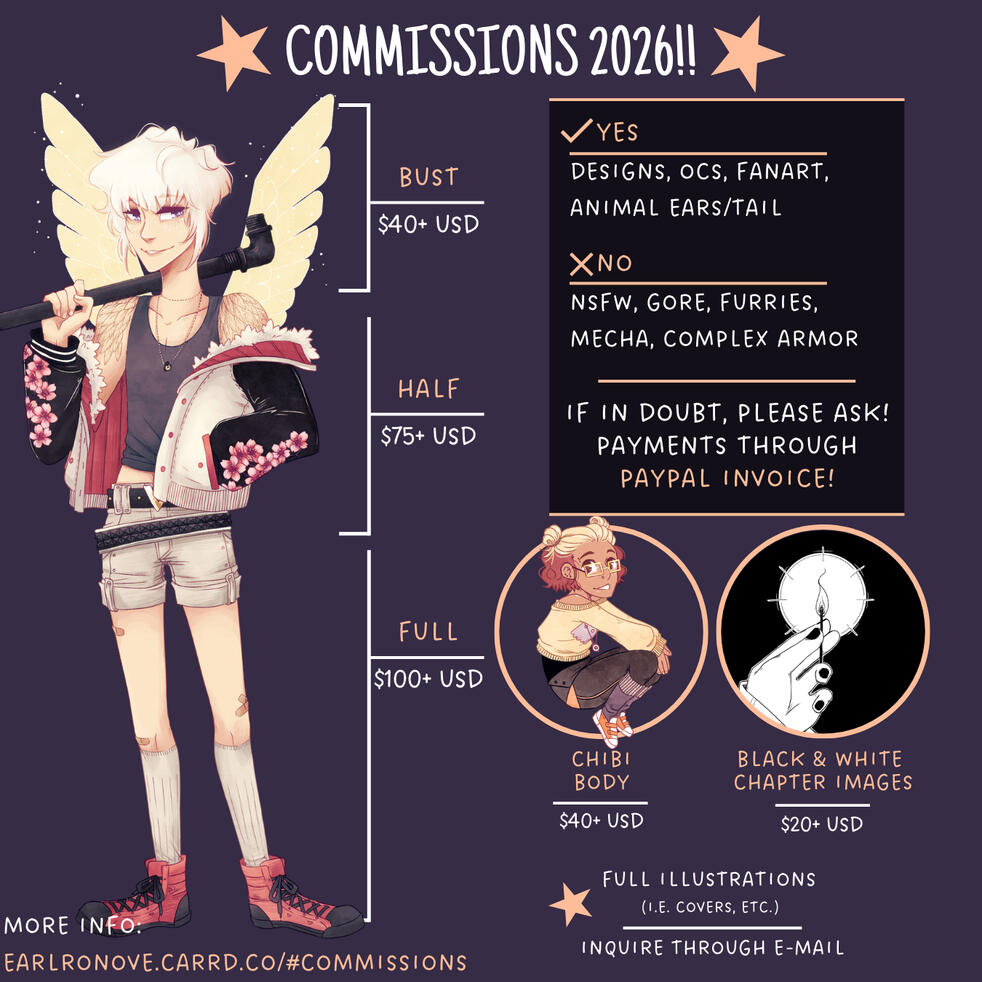 Commission informational graphic for 2025. On the left is the example of a young woman with blonde and red hair, a brown jacket, a yellow shirt, blue leggings, yellow socks, and brown boots. The information on the graphic is listed below the image.